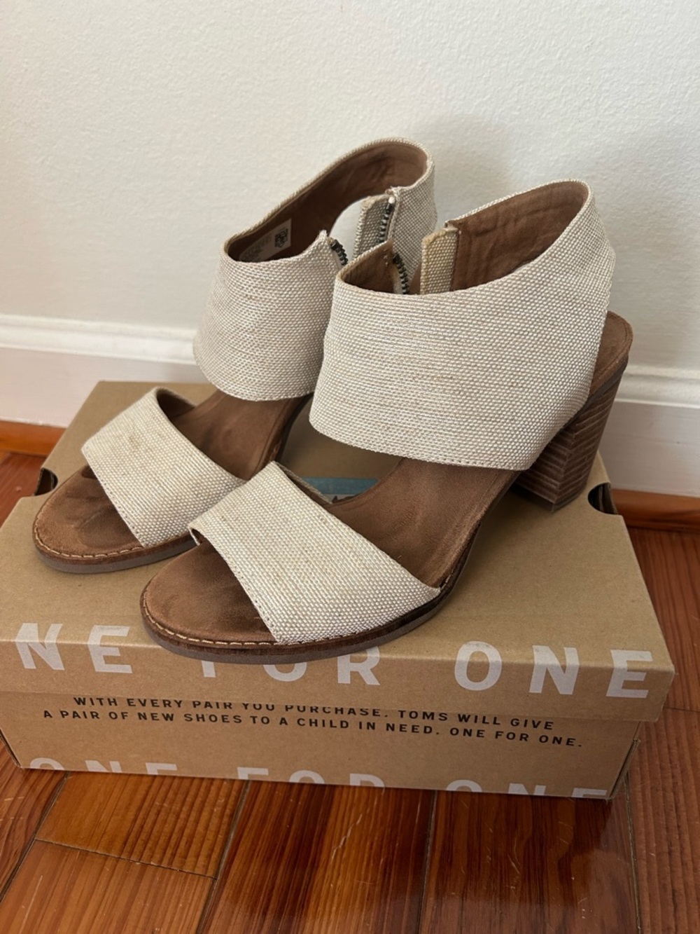 TOMS Linen Open-Toe Block Heel Sandals - Cream